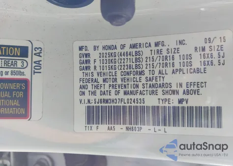 2015 Honda Cr-V Lx from USA, damaged, VIN 5J6RM3H37FL024535